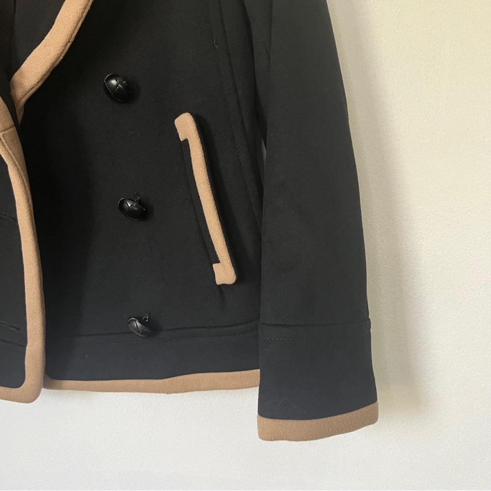 J. Crew Peacoat Wool by Nello Gori Size P2 Double Breasted Black Tan Trim - Picture 5 of 11